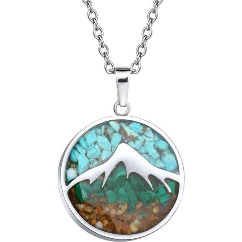 Mountain Pendant Necklace Stainless Steel Turquoise Stone Nature Jewelry Gift